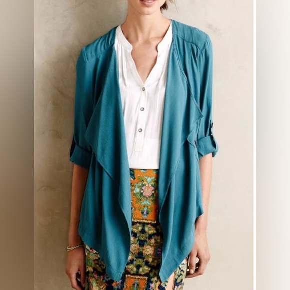 Anthropologie Elevenses Eldora Draped Blazer in Teal Medium - Picture 2 of 8